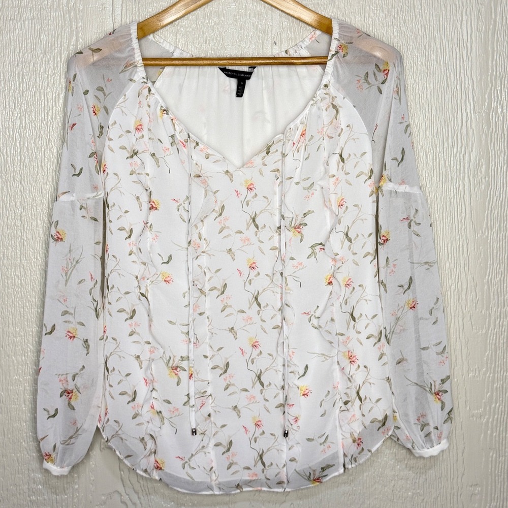 White House Black Market Floral V-Neck Blouse White Pink Sheer Sleeve Size 0